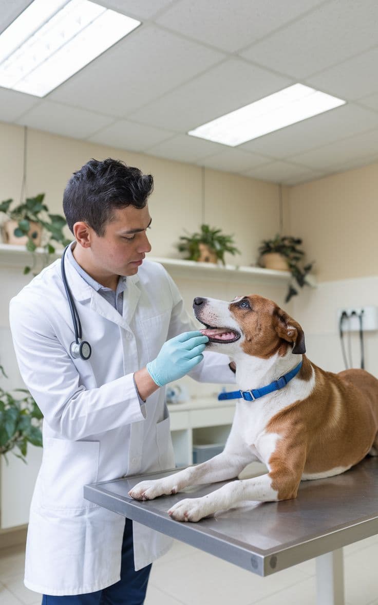 Veterinario revisando a un perro sobre la mesa de examen